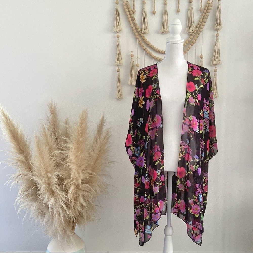 Amazon fashion black sheer floral kimono swim cover up festival kaftan OSFM